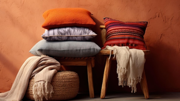Een verzameling levendige kussens en een gezellige deken worden op een houten stoel tegen een gestructureerde terracotta muur geplaatst