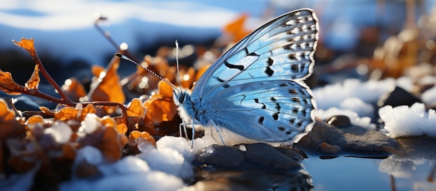 Gratis foto een vlinder rust op het besneeuwde gras.