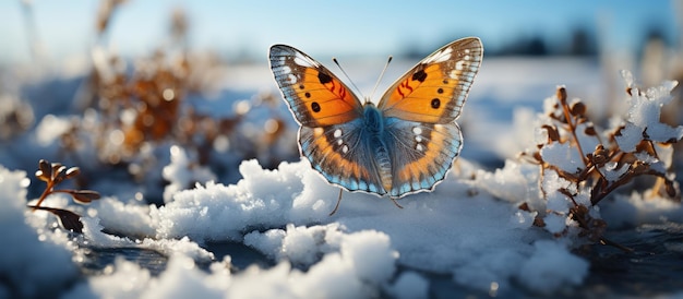 Een vlinder rust op het besneeuwde gras.