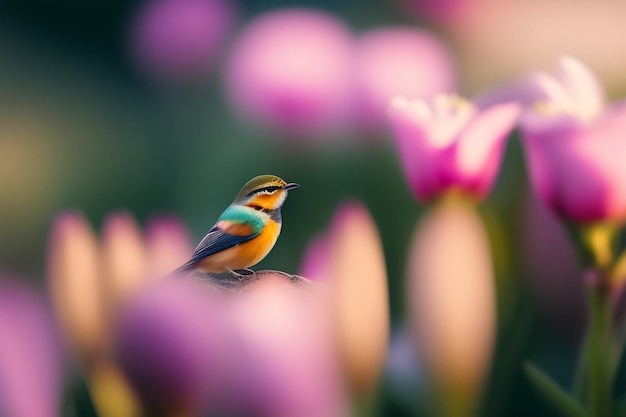 Een vogel zit op een tak voor een paarse tulp.