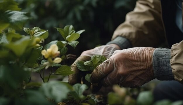 Een volwassen boer met verse biologische plant gegenereerd door AI