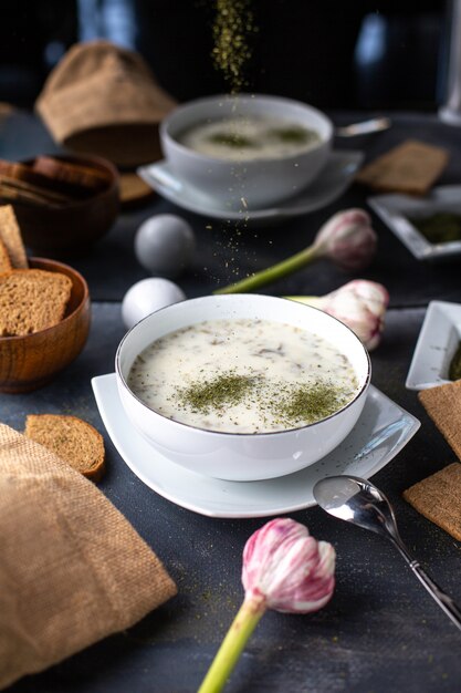 Een vooraanzicht dovga schotel met gedroogde munt in witte plaat samen met brood loafs eieren bloemen op tafel soep vloeistof heet op het grijze bureau