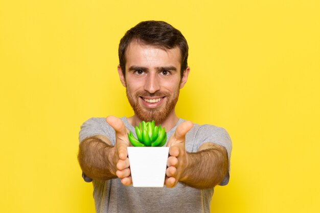 Een vooraanzicht jonge man in grijs t-shirt glimlachend en plantje vast te houden op de gele muur man kleur model emotie kleding