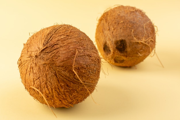 Een voorzijde sloot omhoog kokosnoten gehele melkachtige verse zacht die op de roomkleurige achtergrond tropische exotische fruitnoot wordt geïsoleerd
