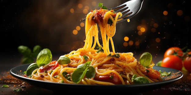 Gratis foto een vork vol stoomende spaghetti met glanzende noedels en een hint van tomatensaus