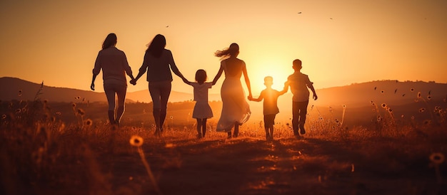 Gratis foto een vreugdevolle familie geniet van een zonsondergang in de buitenlucht
