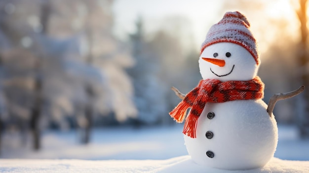 Een vrolijke sneeuwman versierd met een sjaal en hoed staat in een besneeuwde uitgestrektheid