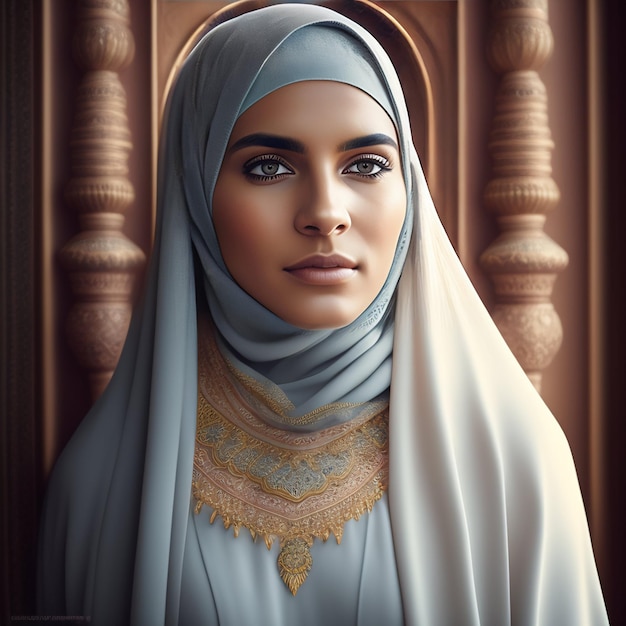Een vrouw in een blauwe hijab met gouden bies en een gouden ketting.