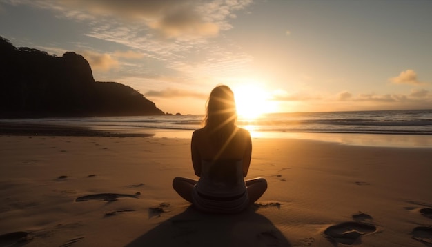 Een vrouw mediteert tegenlicht door een rustige zonsopgang gegenereerd door AI