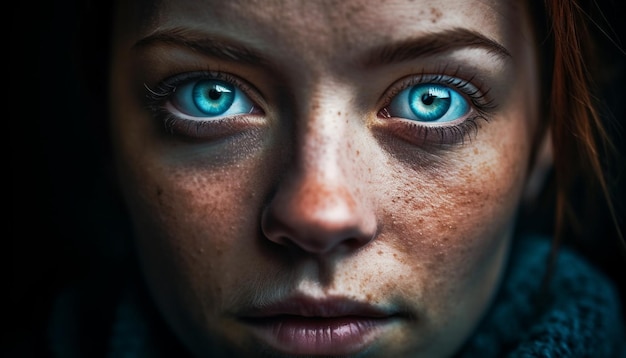 Gratis foto een vrouw met blauwe ogen en blauwe ogen