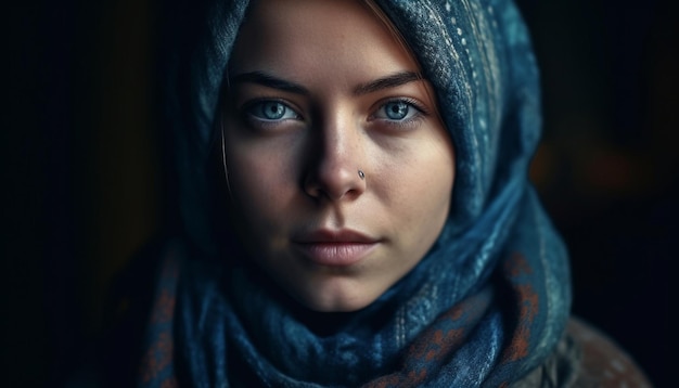 Een vrouw met blauwe ogen en een sjaal
