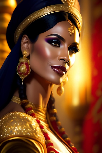 Een vrouw met een gouden en gouden jurk en gouden sieraden