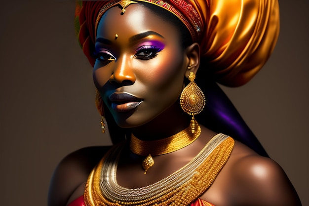 Een vrouw met een gouden ketting en gouden sieraden