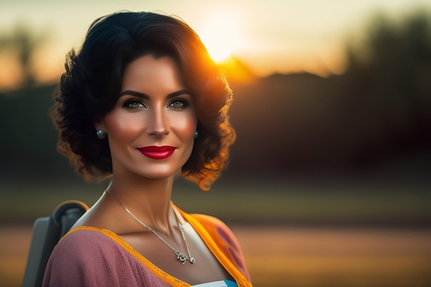 Een vrouw met een rode lippenstift kijkt naar de camera.