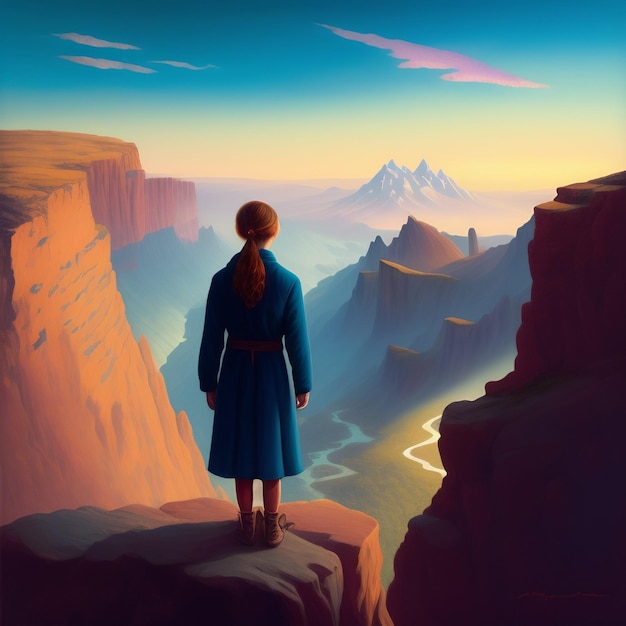 Gratis foto een vrouw staat op een klif in een ravijn en kijkt uit over een vallei.