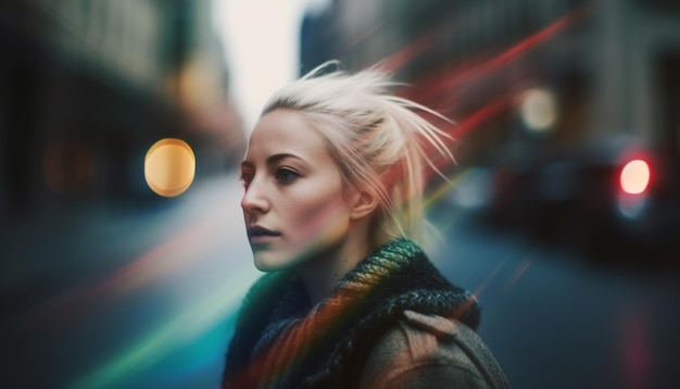 Gratis foto een vrouw staat op straat in een wazig beeld van een vrouw met blond haar en een sjaal.