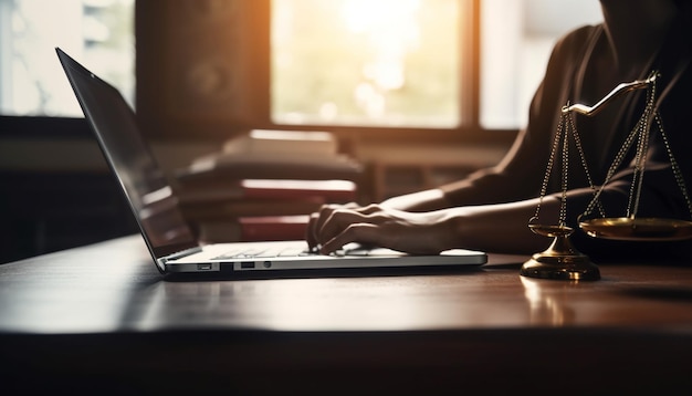 Een vrouw typt op laptop in kantoor gegenereerd door AI