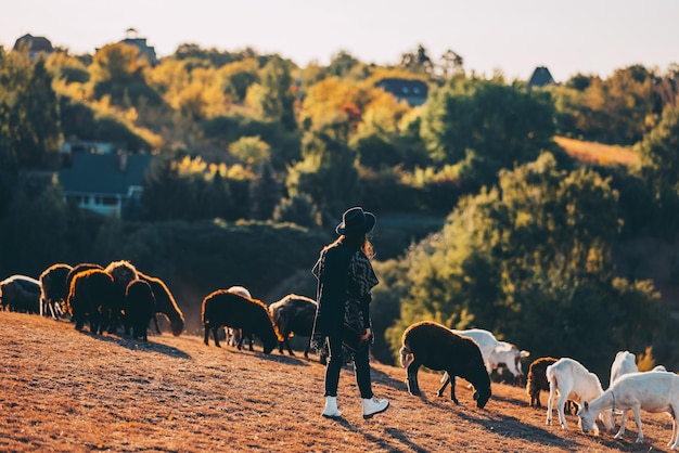 Gratis foto een vrouwelijke herder graast schapen en geiten op een weide
