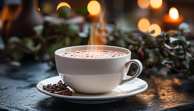 Gratis foto een warme cappuccino op een houten tafel een gezellige winterdrank gegenereerd door kunstmatige intelligentie