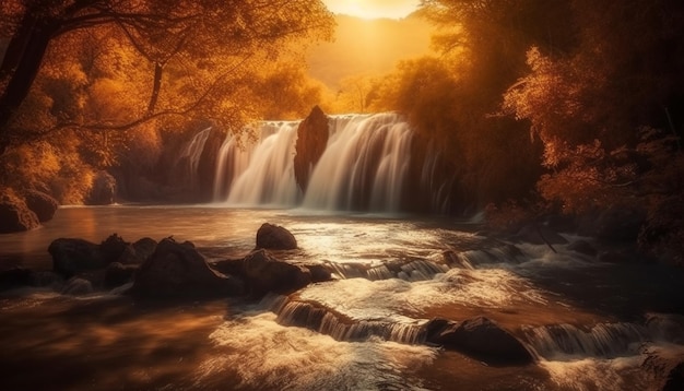 Een waterval in het bos waar de zon op schijnt