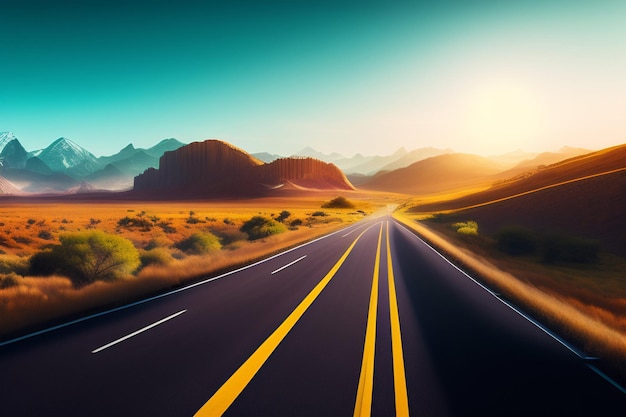 Een weg in de woestijn met ondergaande zon