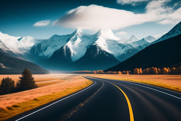Een weg met een gele lijn waarop staat 'weg naar de bergen'