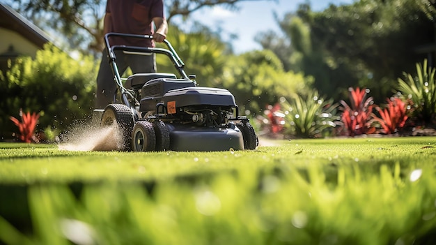 Gratis foto een werknemer vormt het gras van een woonplaats