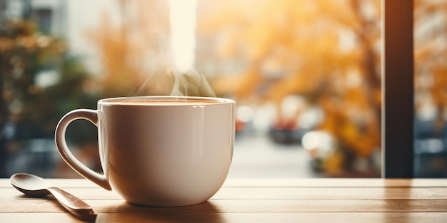 Een witte koffiebeker met een lepel met een café op de achtergrond