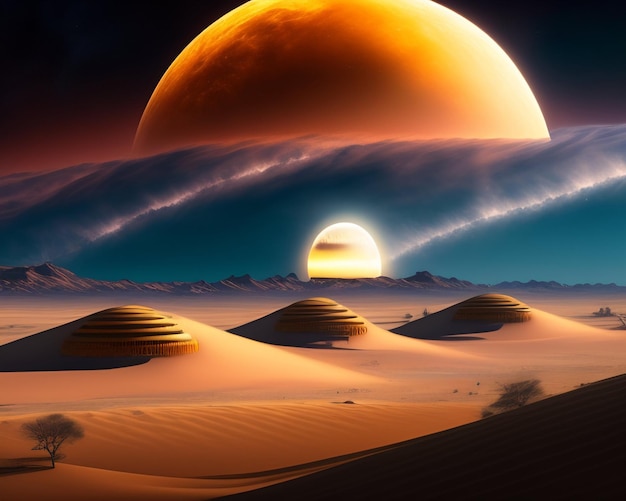 Gratis foto een woestijnscène met een planeet en een maan op de achtergrond.