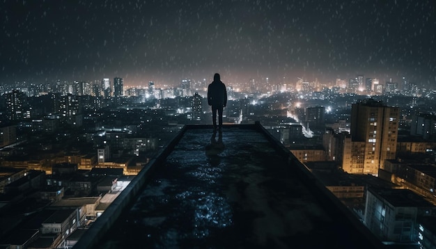 Een zakenman die naar de skyline van de stad kijkt, gegenereerd door AI