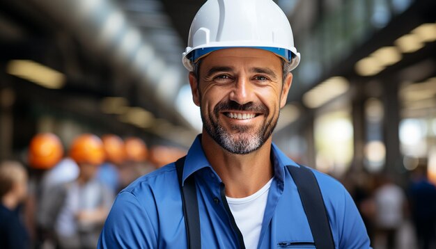 Een zelfverzekerde vrolijke ingenieur in een hardhat die buiten werkt gegenereerd door kunstmatige intelligentie