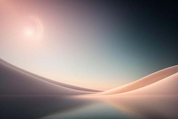 Een zonsondergang boven een watermassa met een roze lucht en een zon