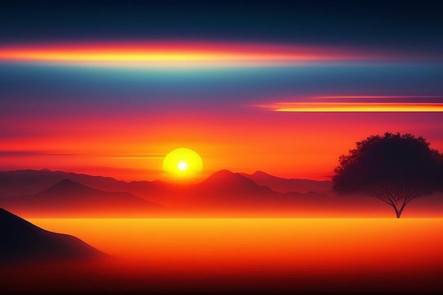 Een zonsondergang met een berg op de achtergrond