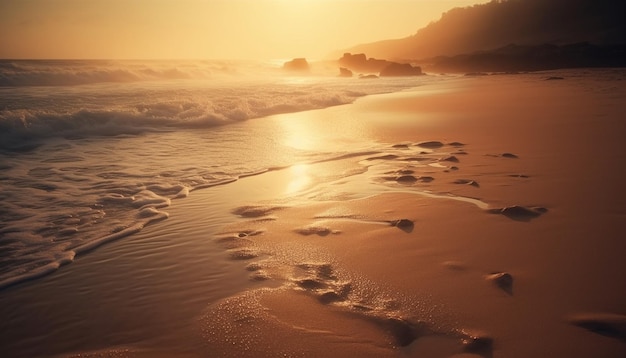 Een zonsondergang over de oceaan met een strand en een roze lucht