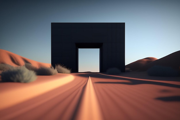 Een zwart gebouw in de woestijn