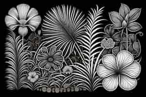 Gratis foto een zwart-wit tekening van bloemen en bladeren.