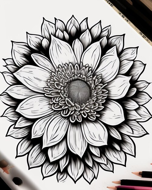 Een zwart-wit tekening van een bloem met een lichtgekleurd potlood.