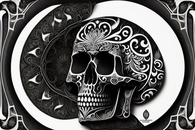 Gratis foto een zwart-wit tekening van een schedel met een bloemmotief.