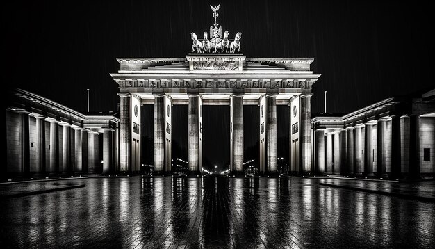 Een zwart-witfoto van een Brandenburger Tor bij nacht