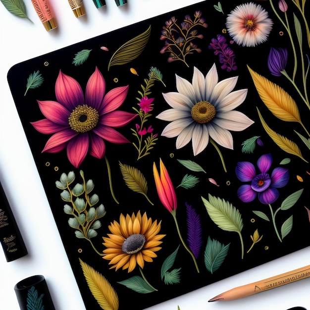 Gratis foto een zwarte en kleurrijke tekening van bloemen en potloden naast een schoolbord.