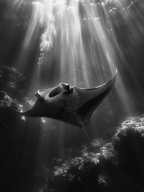 Gratis foto eénkleurig beeld van een manta ray onder water