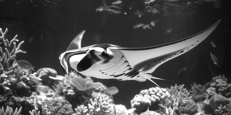 Gratis Foto eénkleurig beeld van een manta ray onder water