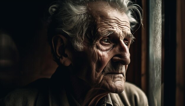 Eenzaamheid en depressie in een portret van een ouder wordende man, gegenereerd door AI