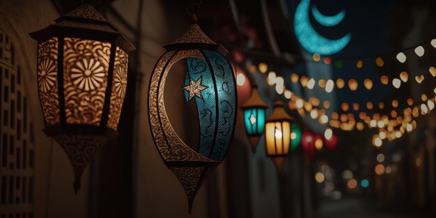 Eid-lampen of lantaarns voor ramadan en andere islamitische moslimvakanties met kopieerruimte voor tekstgenerat