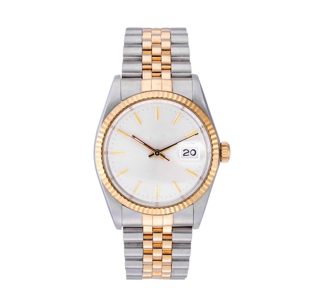 Gratis foto elegant horloge met een zilveren en gouden geïsoleerde ketting