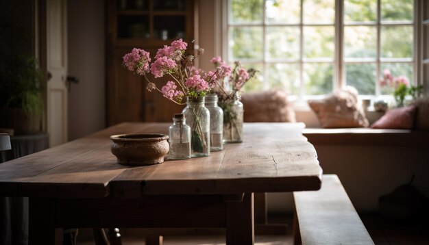 Elegant vaasboeket en bloemen sieren tafel gegenereerd door AI