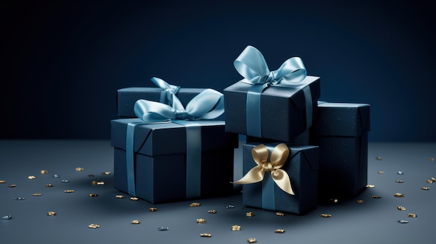 Elegante kleine cadeau doos met een blauw lint geplaatst op een donkerblauw oppervlak