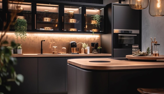 Elegante moderne keuken met roestvrijstalen apparaten gegenereerd door AI