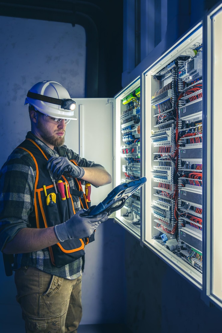 Gratis Foto elektricist in overalls geconcentreerd op werk in schakelbord met zekeringen met behulp van tablet