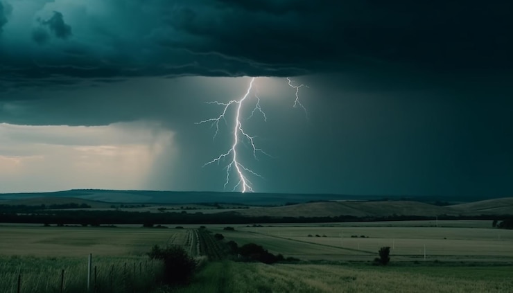 Gratis Foto elektriciteit knettert door de dramatische stormachtige lucht die wordt gegenereerd door ai